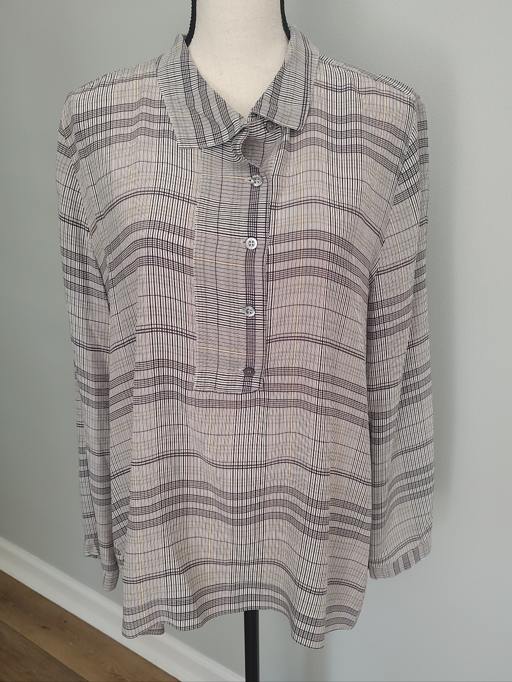 Poetry Silk Plaid Popover Top Black Brown Career Size 12